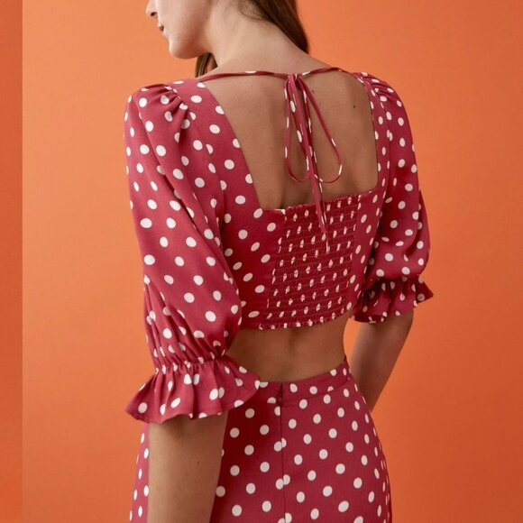 Reformation red with white polka dot fiona 2-piece Campari midi dress crop top 0 - Picture 3 of 14